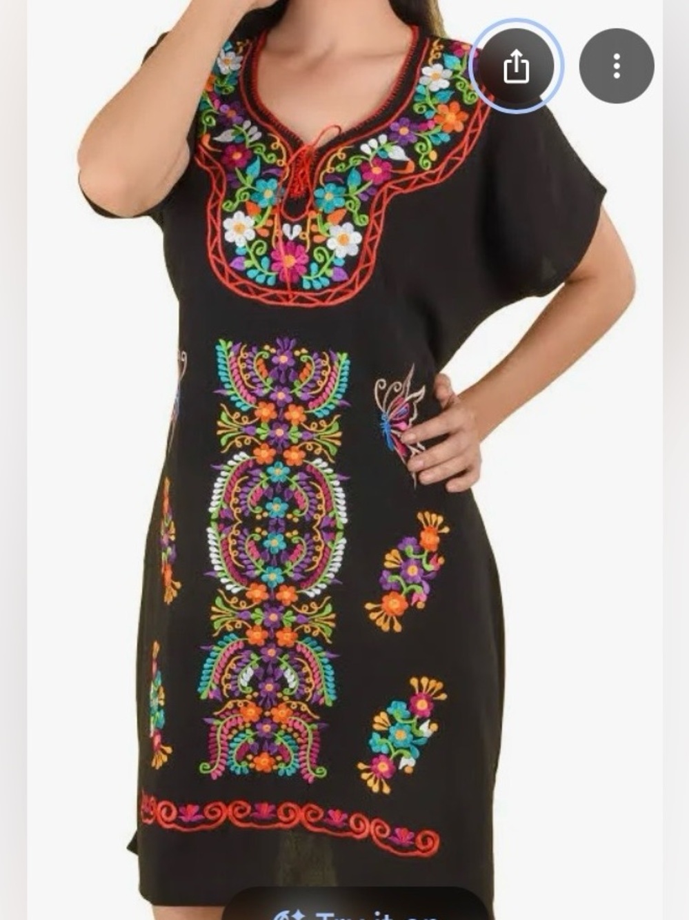 Embroidered Black Mexican Tunic Top with Multicolor Floral Detail